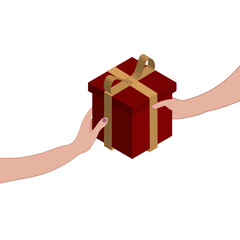 Vector gift, surprise. Give each other gifts. A red box with a gold ribbon.  Vector illustration.  Delivery, sale, win, congratulations, New year, birthday.