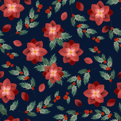 Obraz premium Red Berry Christmas Poinsettias Seamless Pattern on White Background Illustration.