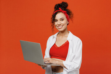 Young smiling fun happy freelancer copywriter woman of African American ethnicity wear white shirt...