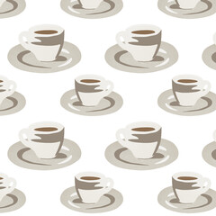 Cute cartoon cup coffee on white background pattern illustration.