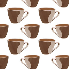 Cute cartoon cup coffee on white background pattern illustration.