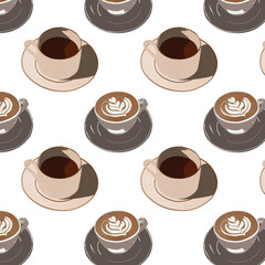 Cute cartoon cup coffee on white background pattern illustration.