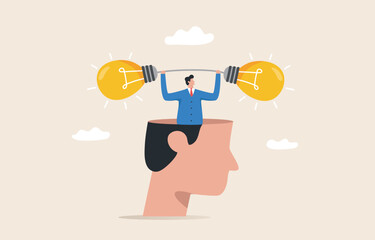 New creative idea, innovation or solution for business. Management of ideas to develop the organization to grow. Businessman from a giant head opens his head in two thought bulbs or light bulbs.