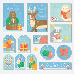 Collection of cards, tags, postcards, labels for New Year and Christmas with cute forest animals in cartoon style. Concept illustration.
