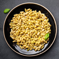 Canned thin beans flageolet bean vegetables fresh dish healthy meal food snack diet on the table copy space food background rustic top view keto or paleo diet veggie vegan or vegetarian