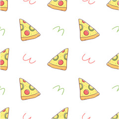 Seamless pattern with a slice of pizza in doodle style on a white background. Food illustration background.