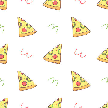 Seamless pattern with a slice of pizza in doodle style on a white background. Food illustration background.