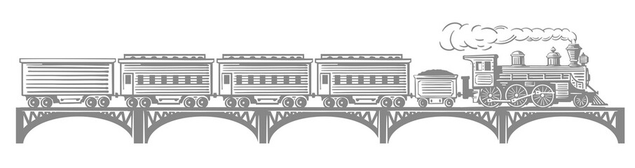 Steam train with wagons on bridge. Locomotive carriage move - 527610677