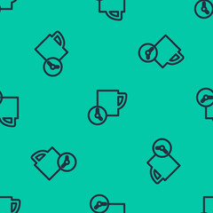 Blue line Time management icon isolated seamless pattern on green background. Clock and coffee cup sign. Productivity symbol. Vector