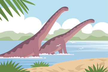 Big sauropods. Lizards bathe in water. Herbivorous dinosaur of the Jurassic period. Prehistoric pangolin. Science paleontology. Wild landscape. Vector cartoon illustration