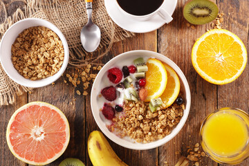 healthy morning breakfast with granola, fruits and coffee cup