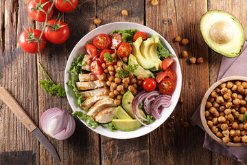 buddha bowl- vegetable salad with grilled chicken sliced
