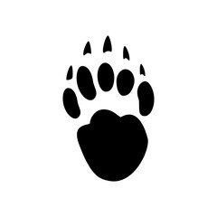 Polar bear footprints isolated black silhouette icon. Vector american panda bear or grizzly foot prints with claws or nails, hunting sport emblem. Predator wildlife animal steps in snow or mud - obrazy, fototapety, plakaty