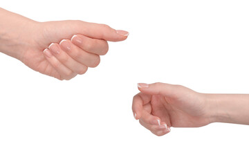 Woman hands with french manicure isolated on white bacckground.
