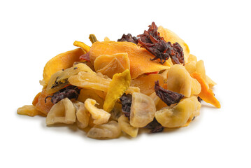 Mix of dried exotic fruit, mangos,slices of pineapples, passion fruit, papaya.