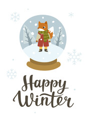 Winter poster with little fox in snow globe. Happy winter calligraphy lettering vector print with baby fox.