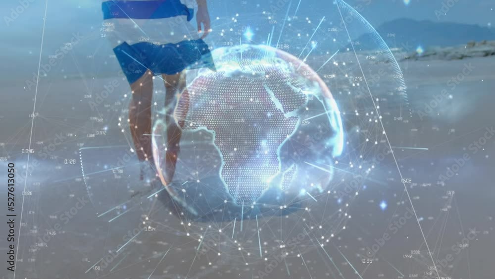 Poster animation of globe with network of connections over man using smartphone