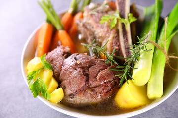 bowl of beef,  vegetable and broth