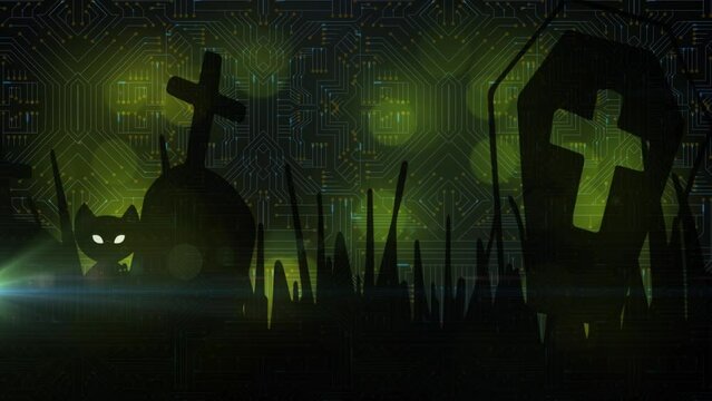 Animation of graves and cat over computer circuit board at halloween
