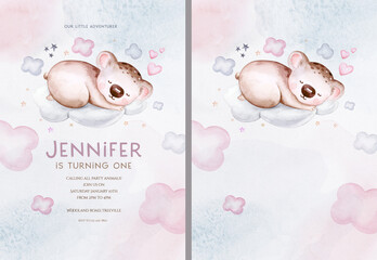 Watercolor hand drawn illustration of a cute baby koala sleeping on the moon and the cloud. Baby Shower Theme Invitation birthday Template © kris_art