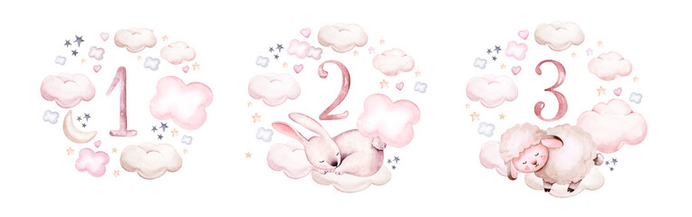 Watercolor animal frame wreath illustration of a cute baby sheep, lamb, sleeping rabbit and bunny on the moon and the cloud. Baby Shower fox nursery Theme Invitation