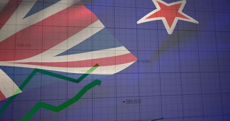 Animation of data processing over flag of new zealand - Powered by Adobe