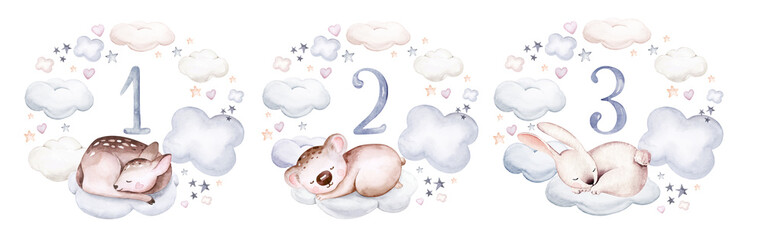 Watercolor elephant animal illustration of a cute baby sheep, lamb, sleeping rabbit and bunny, koala and deer fawn on the moon and the cloud. Baby Shower fox nursery Theme Invitation