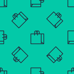 Blue line Shopping bag jewelry icon isolated seamless pattern on green background. Vector