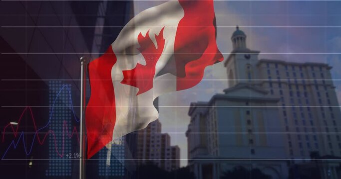 Animation of data processing over cityscape and flag of canada