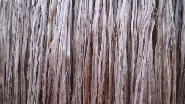 Close-up shot Hanging Raw jute fiber swings in the air