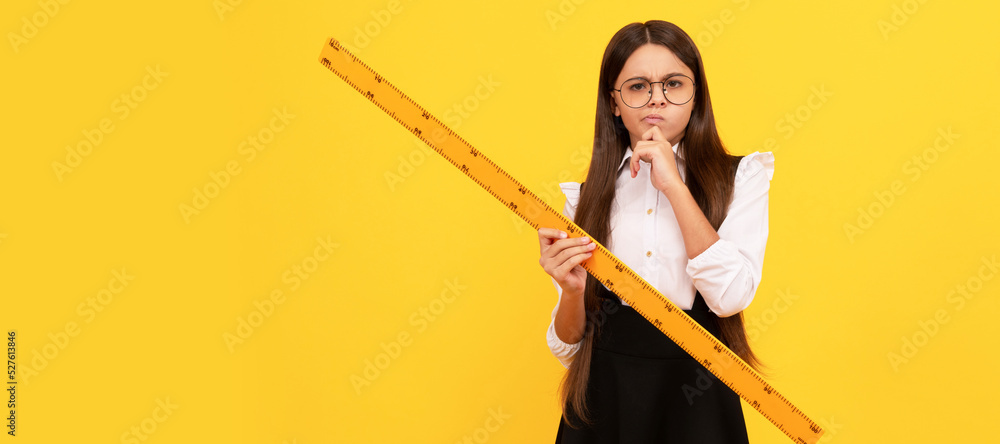 Sticker thinking teen girl in school uniform and glasses hold mathematics ruler for measuring, geometry. ban