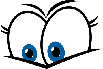 Eyes face cartoon smile character, comic expression emoji vector icon. Big blue eyes staring look down, angry or squinted emoji, chat emoticon with googly big eyes