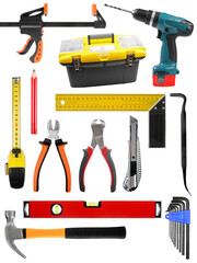 set of variety construction tools on transparent background