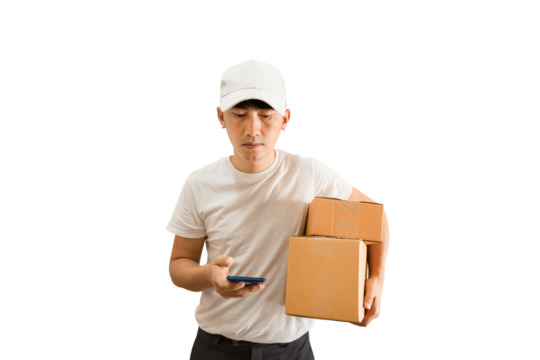Young Asian delivery man wearing cap with white blank t-shirt holding smartphone and parcel post box on transparent background - PNG format.
