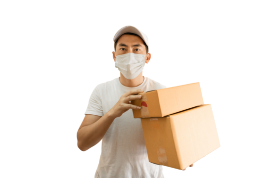Young Asian delivery man wearing cap and white blank t-shirt holding parcel post box on transparent background - PNG format.