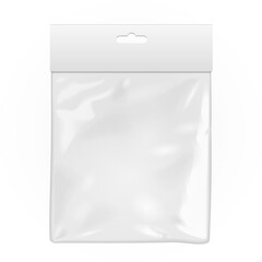 White Blank Plastic Pocket Bag. Transparent. With Hang Slot. Illustration Isolated On White Background. Mock Up Template Ready For Your Design. Vector EPS10