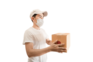 Young Asian delivery man wearing cap and white blank t-shirt holding parcel post box on transparent background - PNG format.