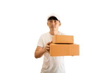 Young Asian delivery man wearing cap and white blank t-shirt holding parcel post box on transparent background - PNG format.