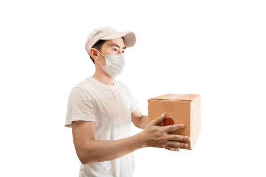 Young Asian delivery man wearing cap and white blank t-shirt holding parcel post box on transparent background - PNG format.