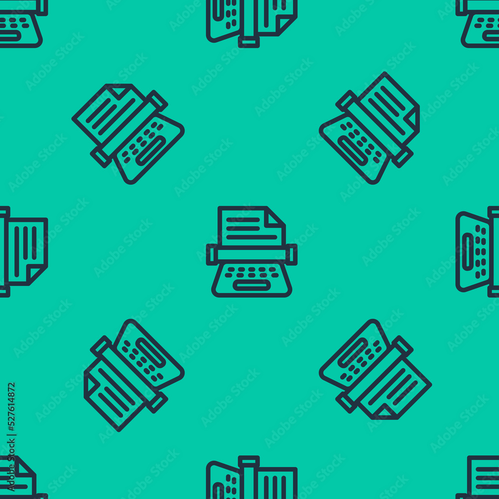 Poster blue line retro typewriter and paper sheet icon isolated seamless pattern on green background. vecto
