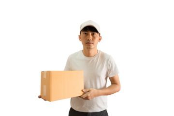 Young Asian delivery man wearing cap and white blank t-shirt holding parcel post box on transparent background - PNG format.