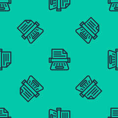 Blue line Retro typewriter and paper sheet icon isolated seamless pattern on green background. Vector