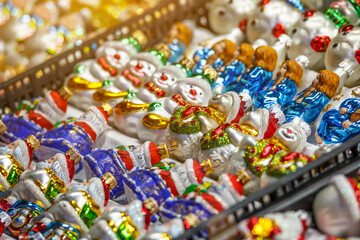Obraz premium merry christmas, cute festive decoration close up, beautiful toys for new year.Glass Christmas balls for the Christmas market.