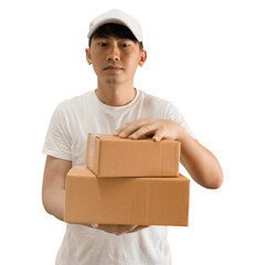 Young Asian delivery man wearing cap and white blank t-shirt holding parcel post box on transparent background - PNG format.