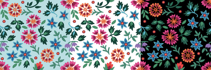 Obraz premium Set of seamless patterns with stylized ukrainian folk floral elements on colored background. Ethnic ornament based on embroidery tradition. Can be used for decoration, surface and paper print design