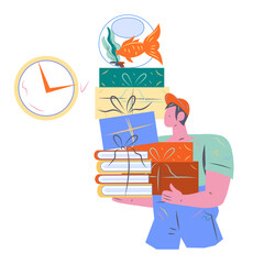 Moving company, delivery and relocation service worker or loader character, flat cartoon vector illustration isolated on white background. Moving goods during home or office relocation.