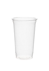 Disposable clear plastic cup standing in isolated environment