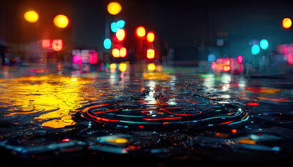 Obraz premium Empty night street scene. Night rain, puddles on the pavement, the reflection of city neon lights in the water. Blurred bokeh background. Wet asphalt. Neon colorful light. 3D illustration.