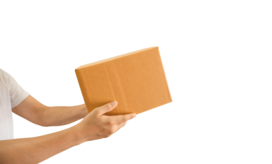 Delivery man hand holding parcel cardboard box on transparent background - PNG format.