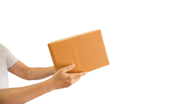 Delivery man hand holding parcel cardboard box on transparent background - PNG format.